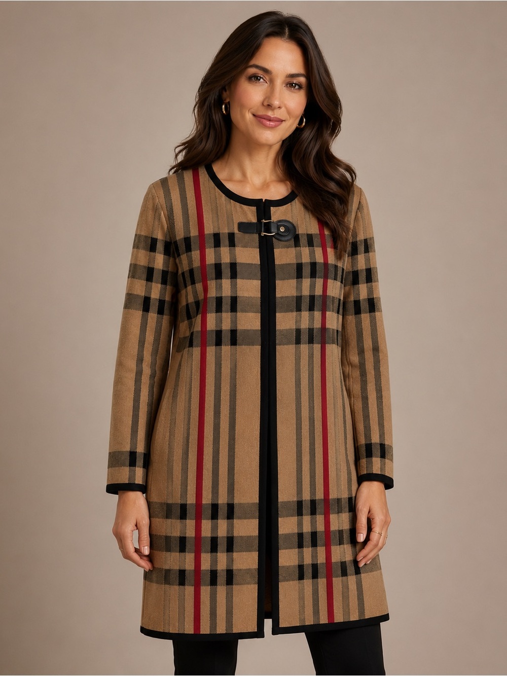Anne Klein Tartan Plaid Open Front Sweater Coat‎ Cardigan Camel Red Black Medium